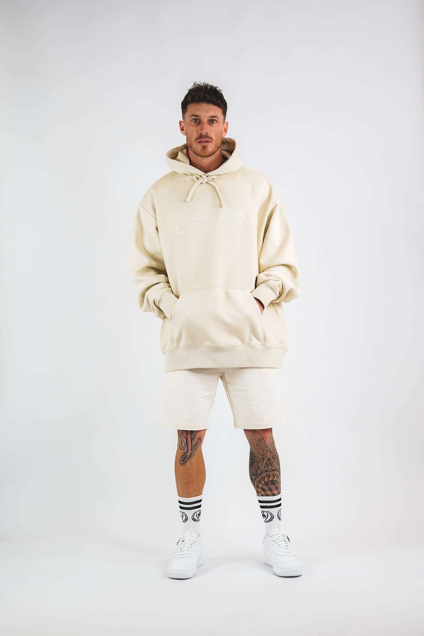 SHAWSHANK DESIGN embroided oversized hoodie and shorts set.