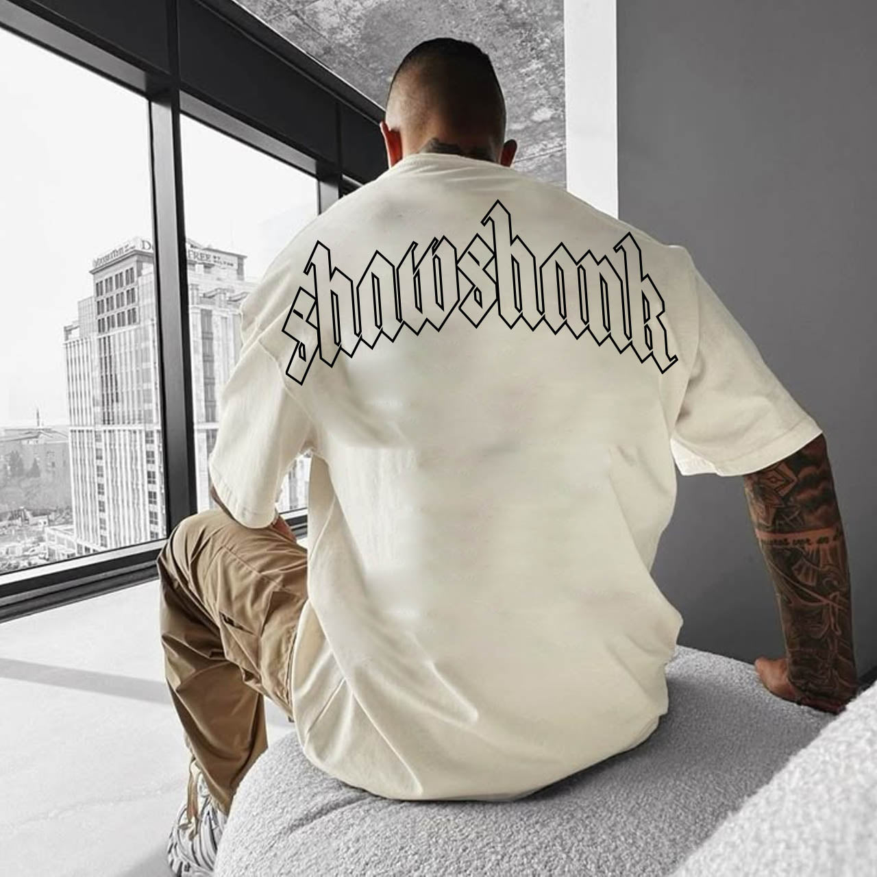 Men&#39;s Oversized Outline &#39;SHAWSHANK&#39; Roman style print Heavy weight T-Shirt.