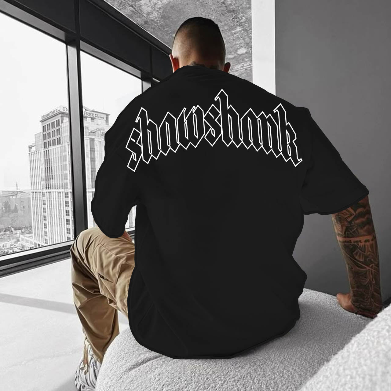 Men&#39;s Oversized Outline &#39;SHAWSHANK&#39; Roman style print Heavy weight T-Shirt.