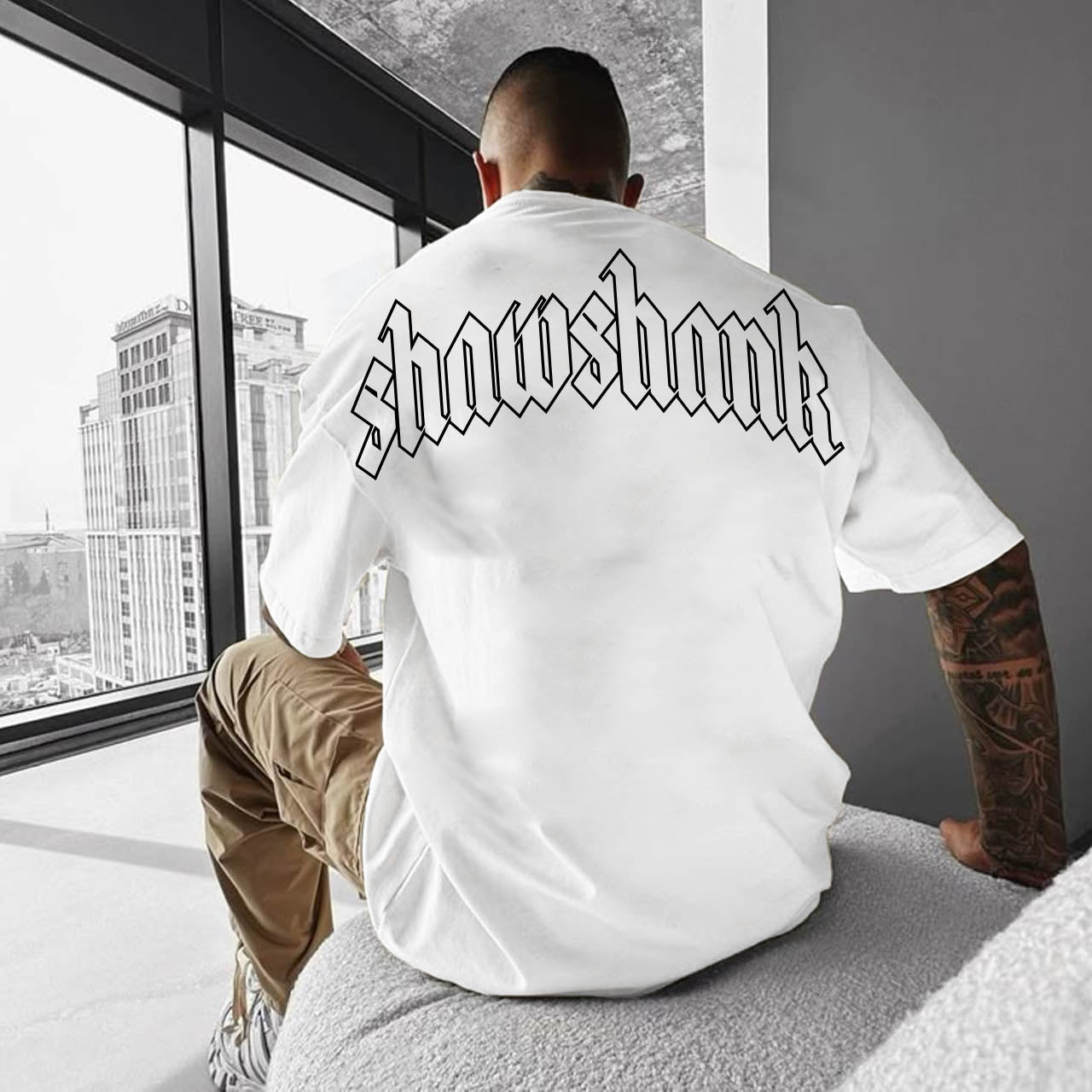 Men&#39;s Oversized Outline &#39;SHAWSHANK&#39; Roman style print Heavy weight T-Shirt.
